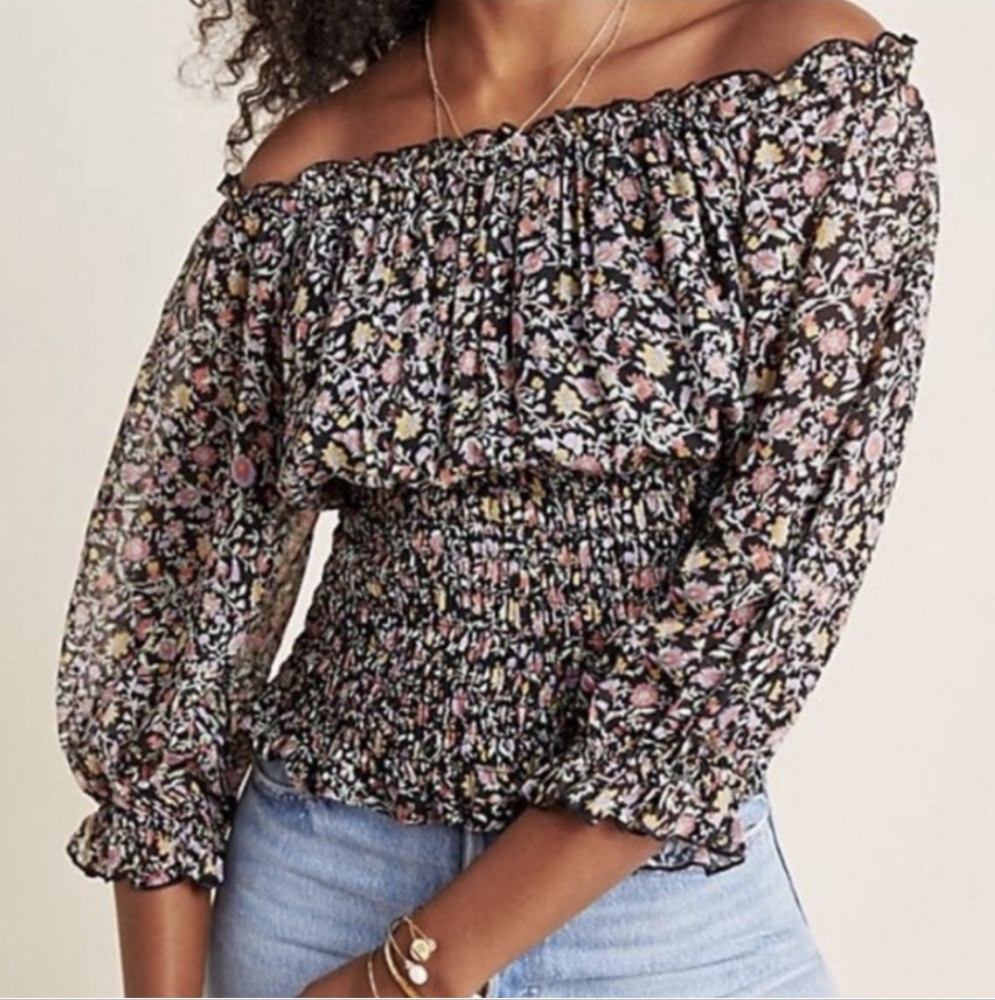 Anthropologie Lucia Black Floral Smocked Blouse